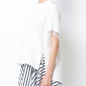 Adam Lippes Silk crepe top with lace trim